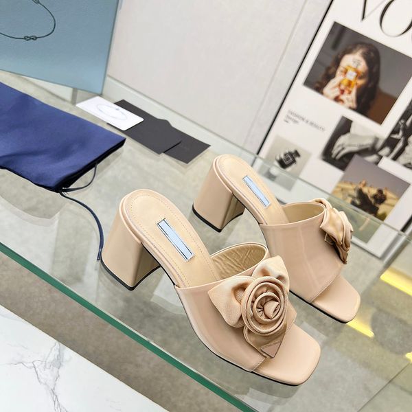 

rose slippers with chunky heels logo leather mules designer factory footwear with box, Black