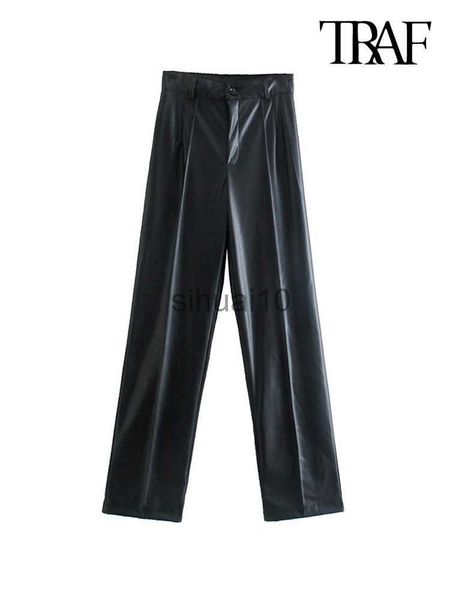

women's pants capris traf women fashion faux leather straight pants vintage high waist zipper fly female trousers mujer j230605, Black;white