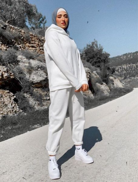 

dress muslim sets 2 pcs hooded sportwear khimar dubai pants fleece sweatshirt sport suit jilbeb hijab abaya women islam clothing, White