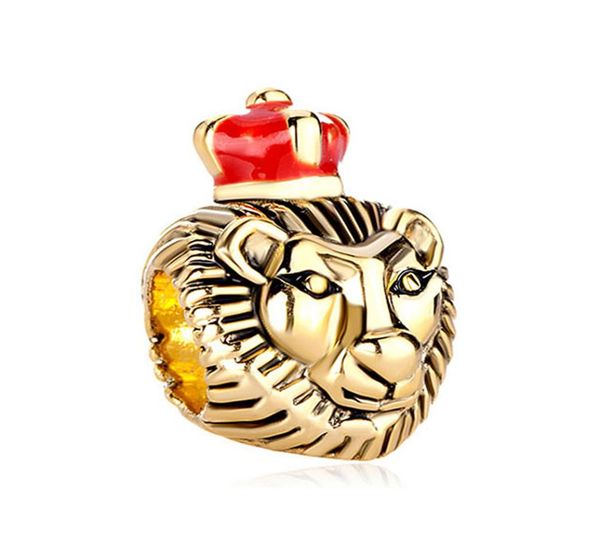 

gold plating king lion bead with red crown natural animal life charm fit charms bracelet2625535, Black