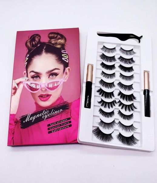 

makeup magnetic eyeliner and eyelashes kit 10 pairs reusable silk false lashes with 2 liquid eyeliner tweezer no glue 5d 6d lashes5050788