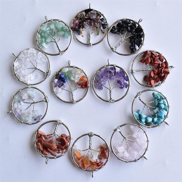 

tree of life natural stone pink rose quartz opal fluorite turquoise amethyst charms white black crystal pendants for necklace accessories je, Bronze;silver