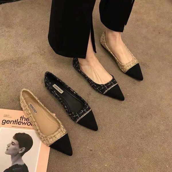 

flat shoes 2023 spring new chain color matching fragrance flat shoes female korean version of joker pointed shallow soft shoes, Black