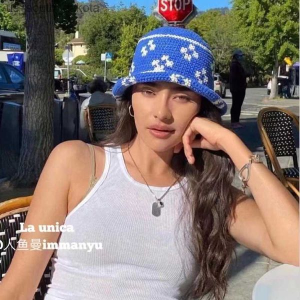 

japanese flowers crochet bucket hat women vintage weave fisherman hat ladies summer breathable sun hat fashion travel panama l230523, Blue;gray