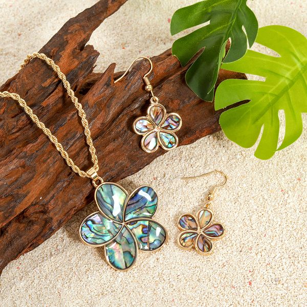 

hawaiian hamilton gold abalone flower necklace earrings jewelry set with shell pearl polynesian island jewellery, Silver