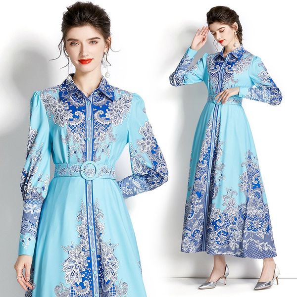 

2023 fashion vintage court dress: commuting style, lapel neck, lantern sleeve, floral print, long sleeve, mid-calf length - black/blue, poly, Black;gray
