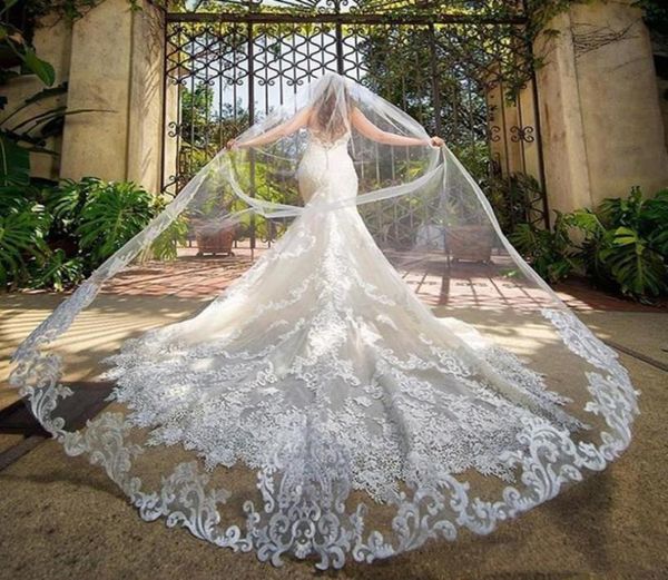 

gorgeous cathedral length 3m wedding veils with lace applique edge long veils one layer tulle custom made bridal veil with comb8508230, Black