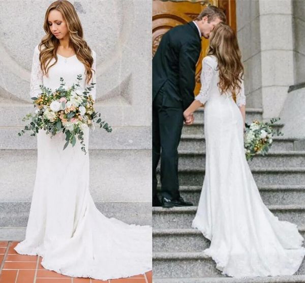 

modest hippie wedding dress with 3/4 sleeves bohemian lace mermaid bridal gowns country wedding dresses vestido de novia, White
