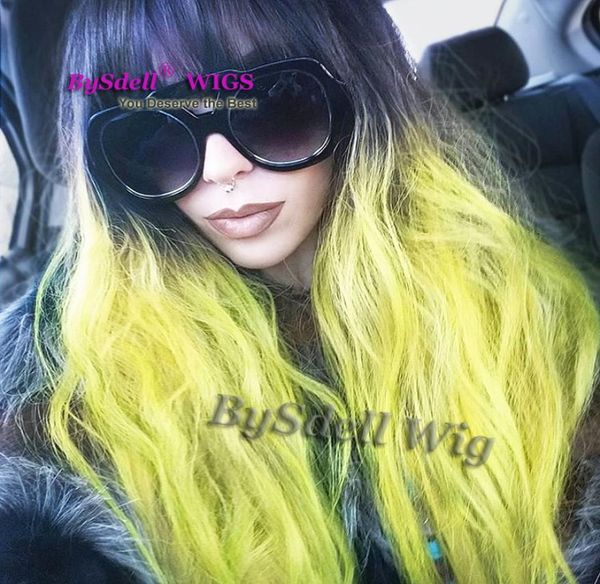 

new arrival black ombre fluorescent yellow green color hair wig synthetic natural wave full wig with neat bang6751998