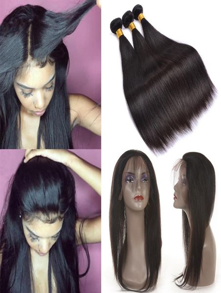 

360 full lace frontal closure with 3 bundles brazilian virgin hair weaves straight 8a peruvian indian malaysian remy human hair9611301, Black;brown