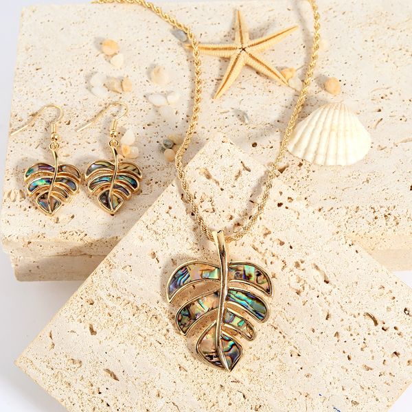 

hawaiian hamilton gold abalone alloy monstera dubia necklace earrings jewelry set with shell pearl polynesian island jewellery, Silver