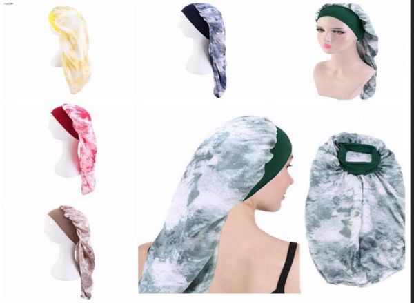 

new imitate satin bonnet sleep cap long bonnet for braids fashion women tie dyeing silky hair loose cap whole c3497892857, Blue;gray