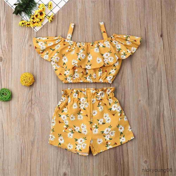 

clothing sets fashion summer toddler baby girl clothes off shoulder ruffle sling crop short pants 2pcs outfits, White