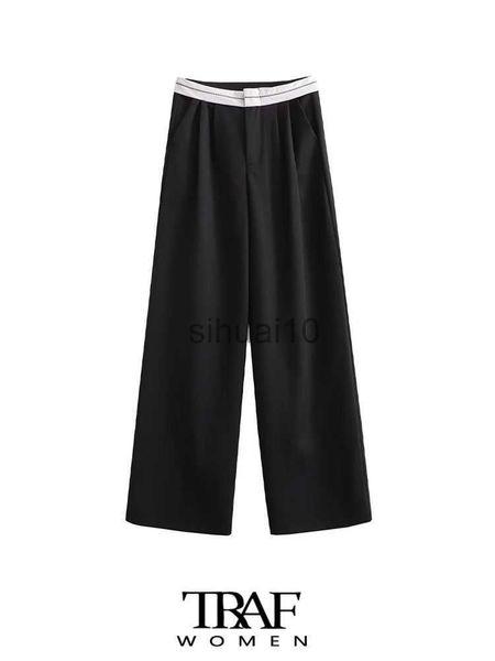 

women's pants capris traf women fashion side pockets patchwork straight pants vintage high waist zipper fly female trousers mujer j2306, Black;white