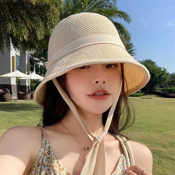 

elegant lace-up bucket hat 2023 new korean breathable casual windproof basin cap summer foldable sun protection sun hats women l230523, Blue;gray