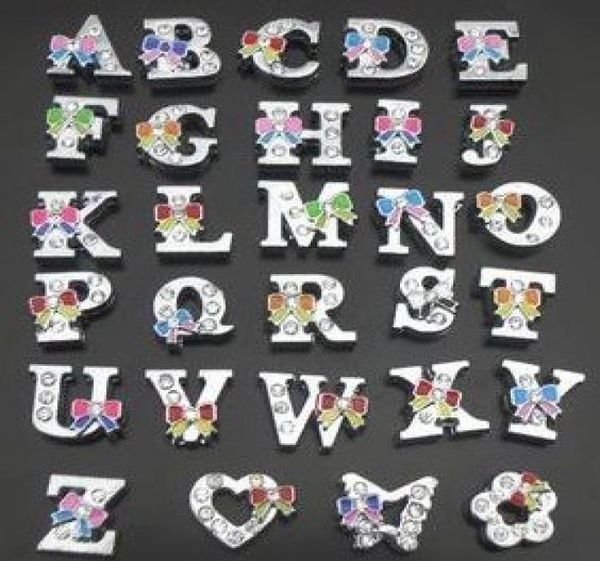 

260pcslot 8mm alloy slider rhinestone letter charms az with bowknot colorful3156903, Bronze;silver