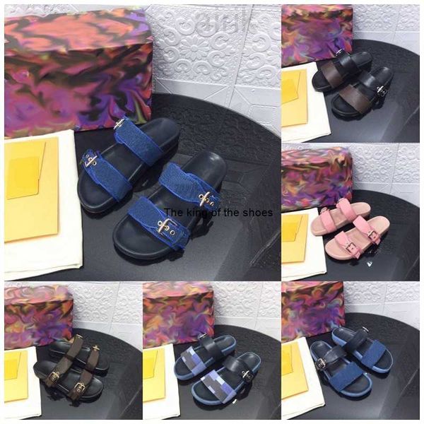 

bom dia slipper designer sandals women genuine leather beach slides patent canvas flat mule double buckle summer flip flops shoes, Black
