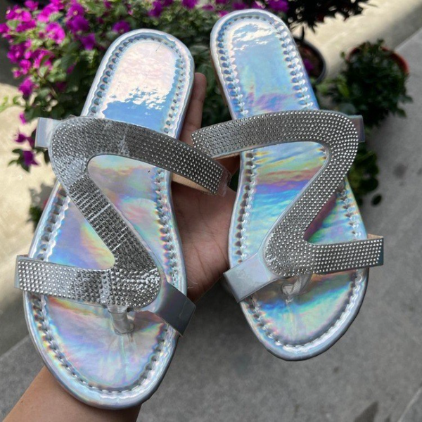 

2023 plus size slippers women wear summer beach holiday flat-bottomed silver sequins fashion comfortable sandals and slippers., Black