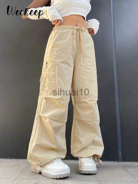 

women's pants capris weekeep light khaki cargo pants streetwear 100% cotton big pocket patchwork casual pants drawstring low waist bagg, Black;white