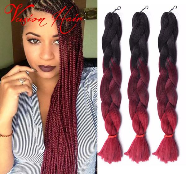 

ombre three two mix colors kanekalon braiding hair synthetic jumbo braiding hair extensions 24inch crochet braids hair bulk wholes5622981, Black