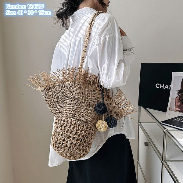 

Factory wholesale ladies shoulder bags 2 colors summer travel holiday straw beach bag hat fashion handbag personalized hair ball pendant woven handbags, Khaki-12458#