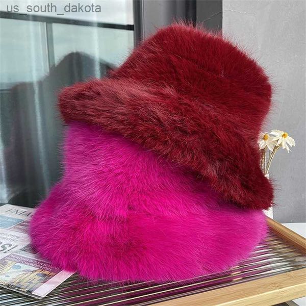 

faux fur hat women's elegant autumn and winter fur fisherman hat korean senior warm bucket hat 2022 new color l230523, Blue;gray