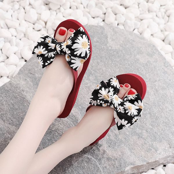 

herringbone slippers womens 2023 new summer daisy design women wear thick-soled fashion bow wedges non-slip ladies sandals., Black