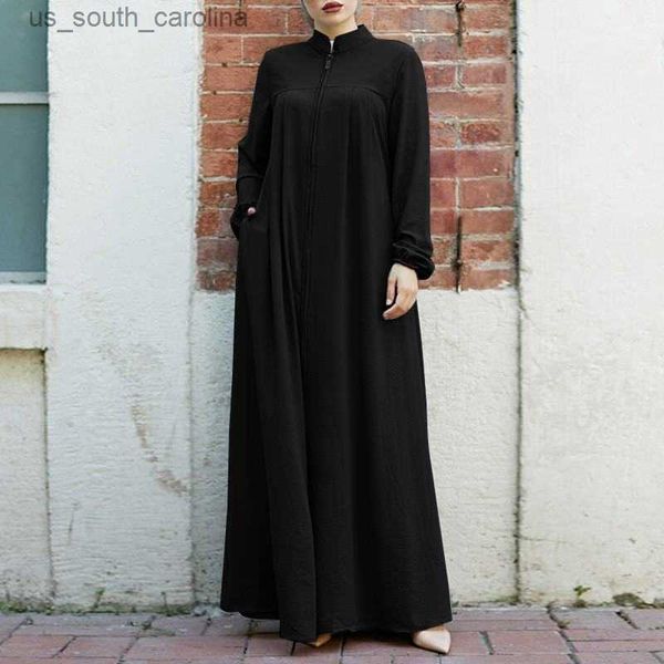 

holiday shirt dress retro long sleeve muslim dresses fashion long casual abaya hijab dresses vestido zipper long maxi robe l230522, Black;gray