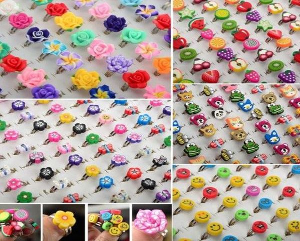 

new arrival 100pcs lots bulk 100pcs mixed polymer clay kids girls boys rings jewelry 2779851, Golden;silver