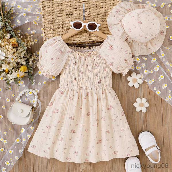

clothing sets children baby summer clothes korean fashion short sleeve cotton floral princess dress and sunhat little girls, White