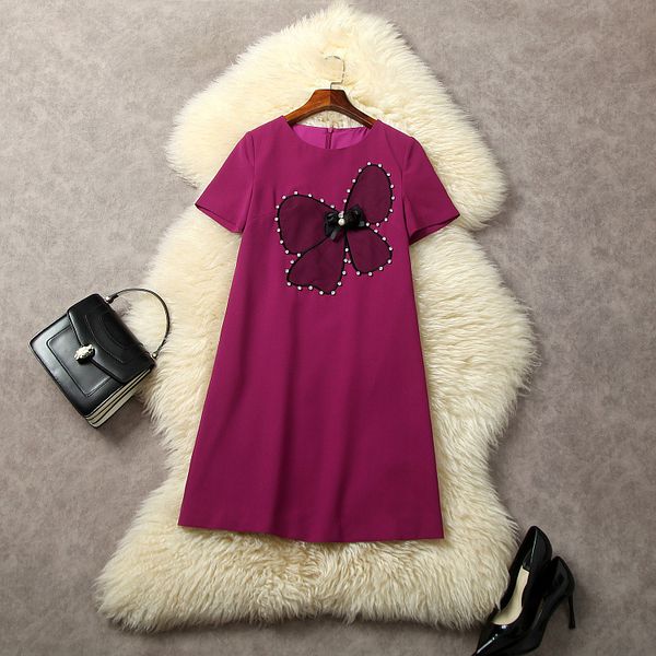 

european and american women's clothes 2023 summer new round neck short sleeve stud bow fashion loose dress, Black;gray