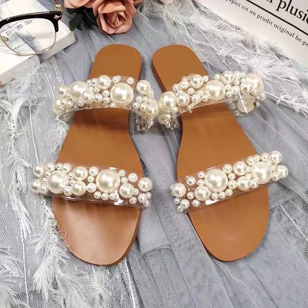 

2023 new plus size womens slippers pearl decorative designer with the same design elegant fashion casual flat sandals 36-43, Black