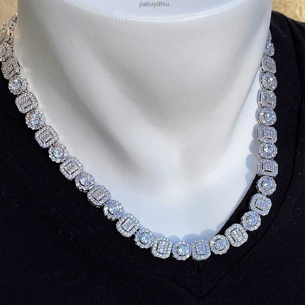 

purple 10mm clustered necklace choker iced out diamond square baguette flower tennis cluster link chain white gold, Silver