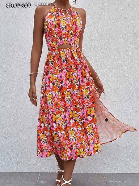 

summer floral midi dress women backless hollow bandage slit beach sundresses casual fashion halter red a-line dress l230522, Black;gray
