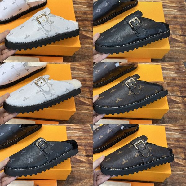 

cosy slippers clog comfort sandals strap slides mens womens flat fur leather mules fashion winter warm plush designer j3hw#, Black