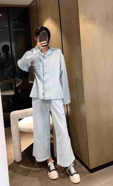 

women's two piece pants designer polo collar straight breasted denim shirt wide leg cropped grandma pants set 1tl3, White