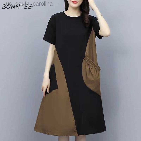 

short sleeve dress women elegant simple college o-neck popular fashion ins all-match new korean style young ladies fit l230522, Black;gray