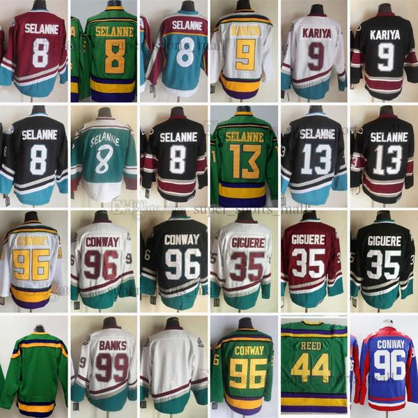 

1993-1999 movie retro ccm hockey jersey 8 teemu selanne 9 paul kariya 13 teemu selanne 21 dean portman 33 greg goldberg 35 jean sebastien vi, Black