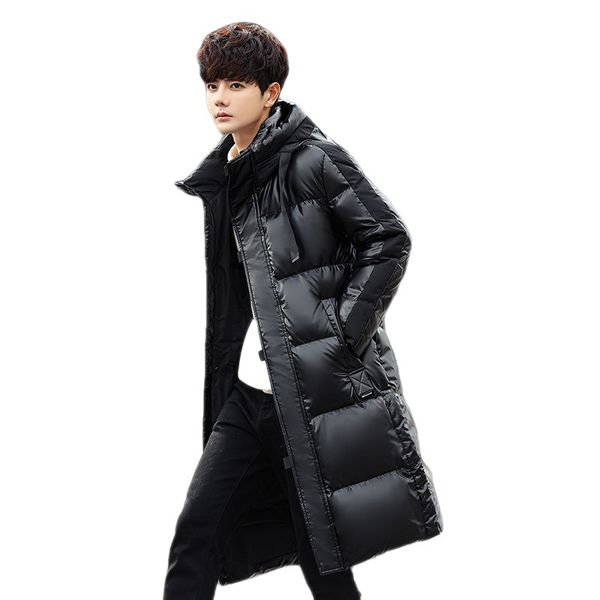 

brightening down jacket men's mid-length over-the-knee thickened winter new white duck down handsome high-grade men's coat, Black