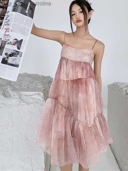 

lanmrem printing retro summer sling dress for women 2023 new layers slash neck mesh dresses ladies party clothing 2r2524 l230522, Black;gray