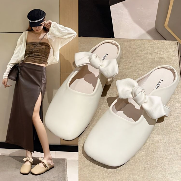 

half slippers womens new 2023 summer outside wear fairy wind half baotou single shoe out soft sole bow sandals pregnant women, Black