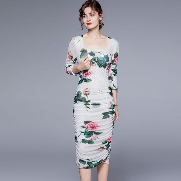 

2023 summer european women's square neck mesh print dress | 3/4 sleeve, mid-calf length | floral pattern, white, sizes s-xl, Black;gray