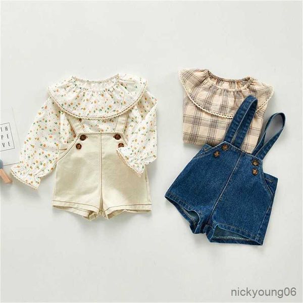 

clothing sets girls clothes set baby girl ruffle long sleeve print t-shirt and denim suspender pants 2pcs outfit children, White