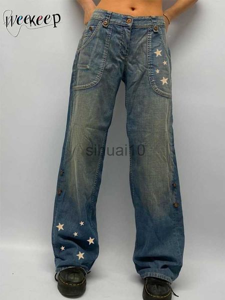 

women's jeans weekeep vintage star jeans baggy low rise print denim mom jeans y2k grunge 2000s wide leg cargo pants streetwear trousers, Blue