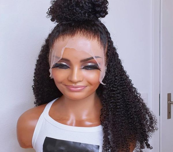 

soft 180 density 26 inch long kinky curly black lace front wig for black women babyhair preplucked middlle part natural hairline g2380990, Black;brown