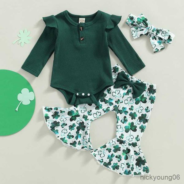 

clothing sets st. patrick's day newborn baby girls spring autumn ribbed fly sleeve bodysuits and clover print flare pants and headband, White
