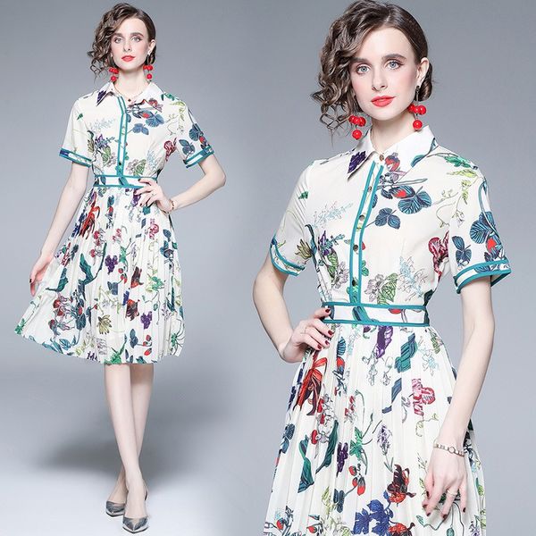 

cross-border wholesale early spring summer new item women's short sleeve mid waist fashion print a-line mid-length dress wholesale e508, Black;gray