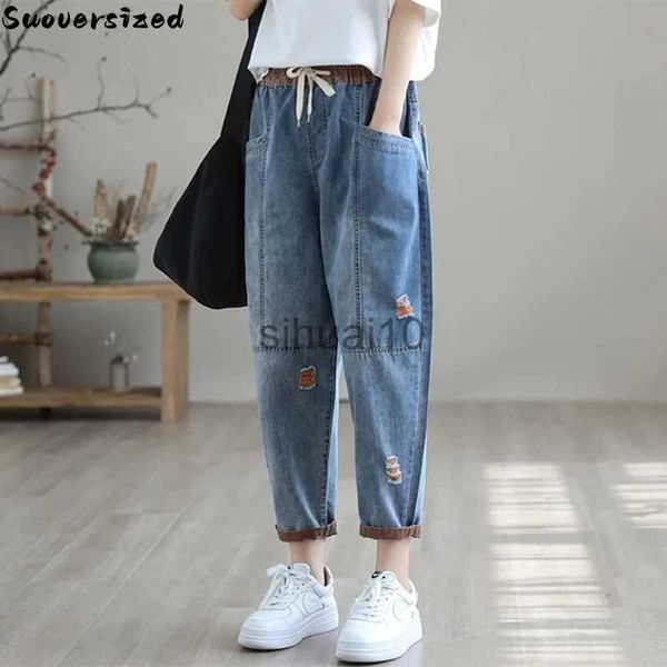 

women's jeans ripped splice baggy ankle-length harem jeans women elastic high waist denim pant casual vaqueros blue trousers korean pan