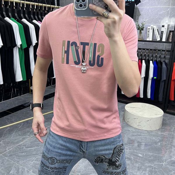

t-shirt men's cotton short sleeve simple letter 2023 summer new causal comfortable breathable clothing yellow pink male tees, White;black