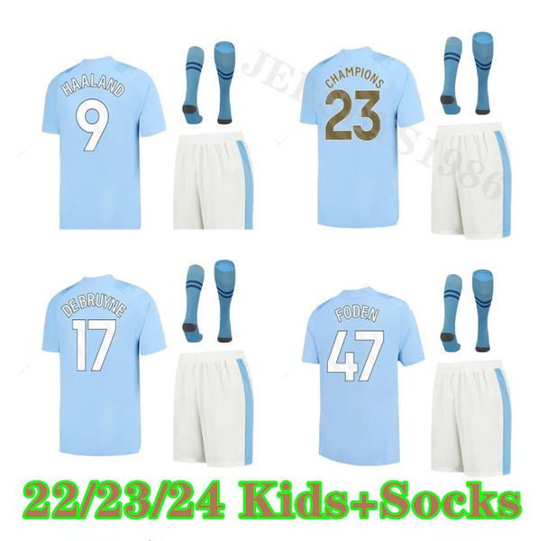 

kids 22 23 24 erling haaland soccer jerseys phillips grealish de bruyne foden 2023 2024 manchesters football shirts kids kit, Black
